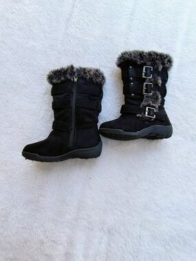 Girls' Black Faux-Fur Mid-Calf Winter Boots with Buckle Detail